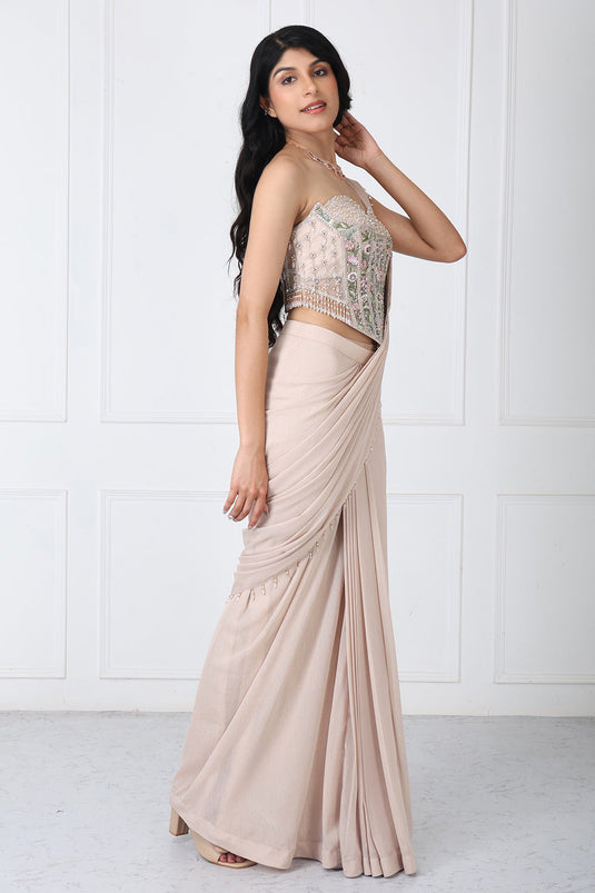 Beige Drape Saree With Floral Embroidered Corset