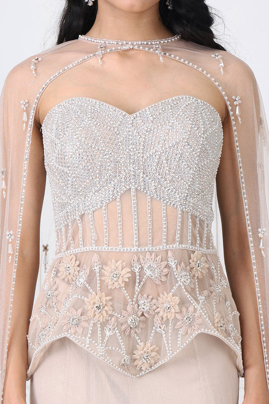 Beige Embroidered Corset And Cape With Paneled Skirt