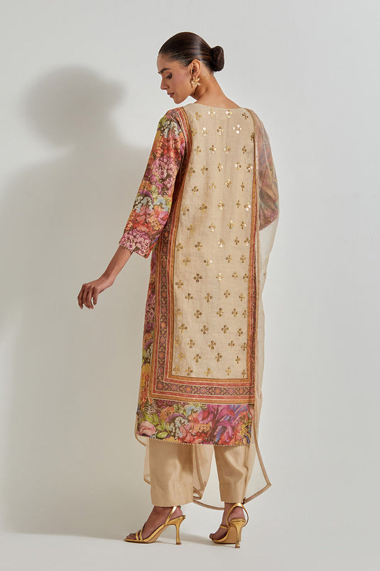 Beige Florika Printed And Hand Embellished Kurta Set