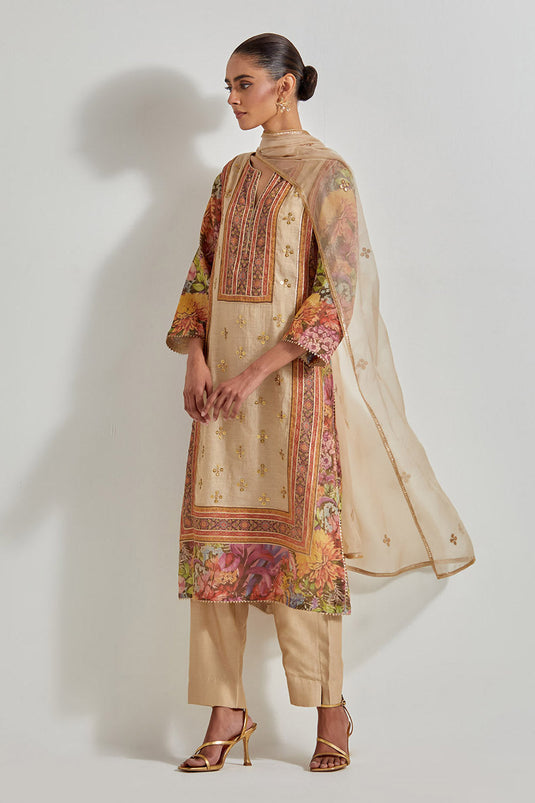 Beige Florika Printed And Hand Embellished Kurta Set