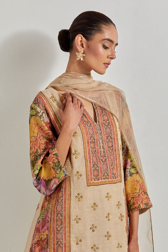 Beige Florika Printed And Hand Embellished Kurta Set