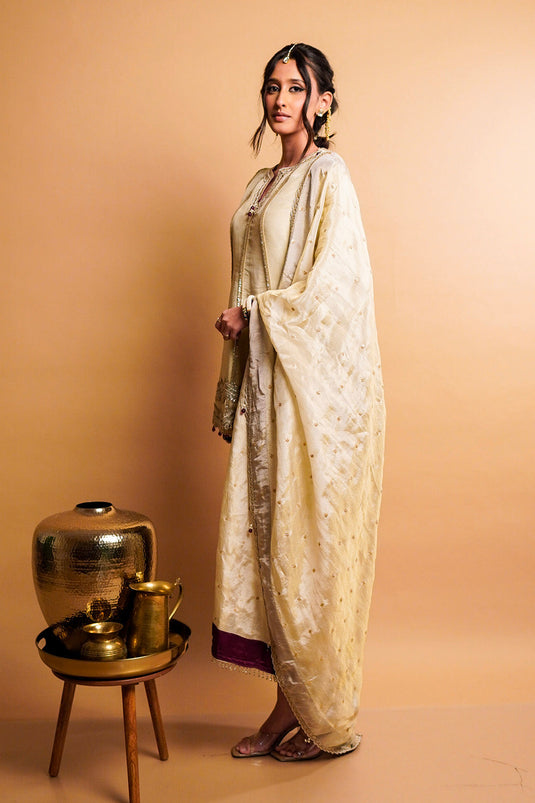 Beige Kali Kurta with Cigratte Pants Set