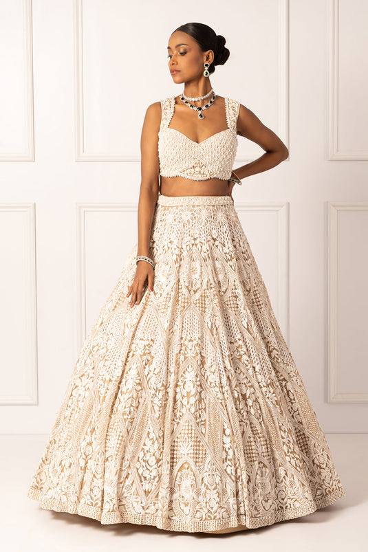 Beige pearl embroidered lehenga set