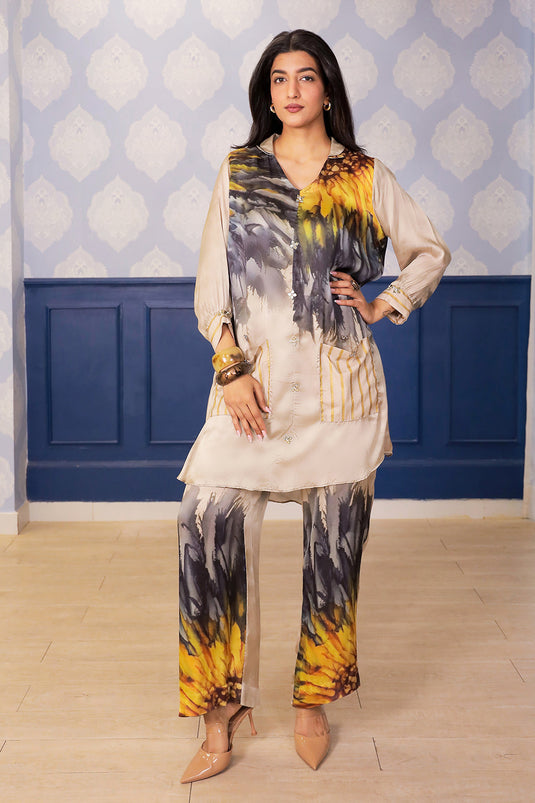 Beige Sunflower Print Satin Co-ord Set with Chanderi Foil Pocket Detailing