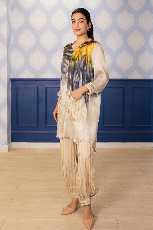 Beige Sunflower Print Satin Kurta with Chanderi Foil Farsi Salwar & Metallic Detailing