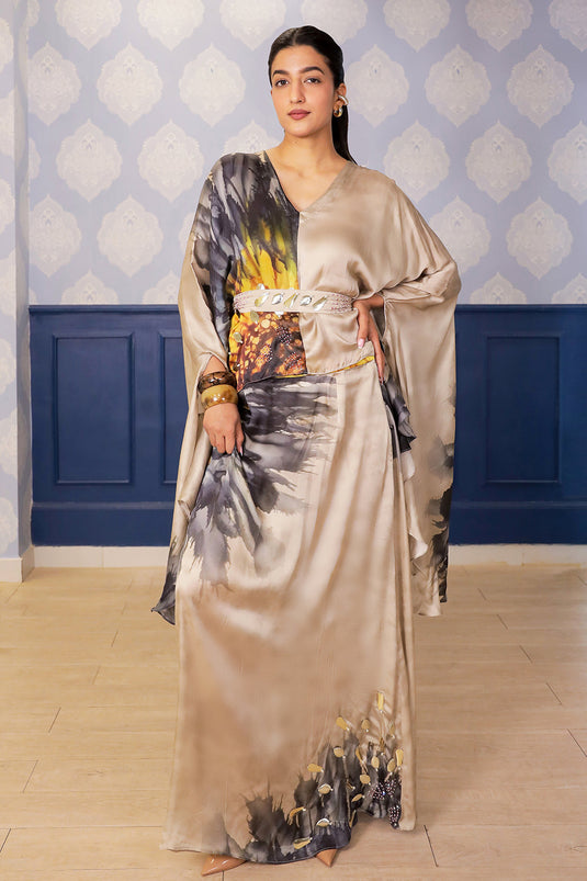 Beige Sunflower Print Satin Skirt Set with Embellished Belt & Asymmetric Kimono Blouse