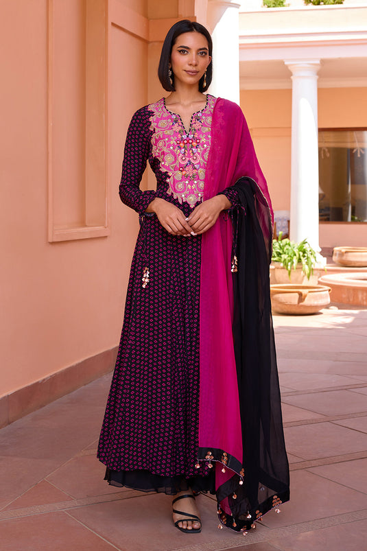 Black bandhani front slit anarakali with sharara and dupatta
