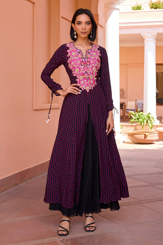 Black bandhani front slit anarakali with sharara and dupatta