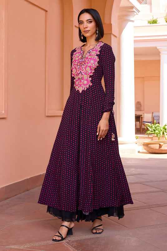Black bandhani front slit anarakali with sharara and dupatta