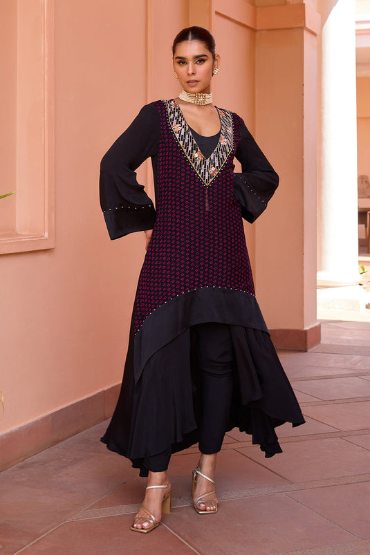 Black bandhani layered and embroidered kurta set