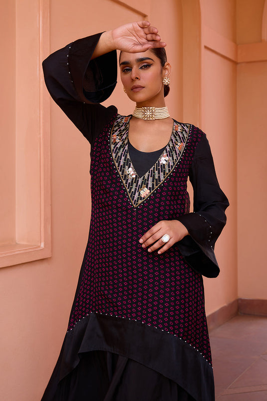 Black bandhani layered and embroidered kurta set