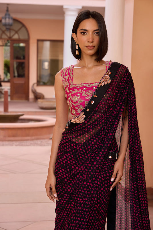 Black bandhani printed pre stitched saree with embroidered pink blouse