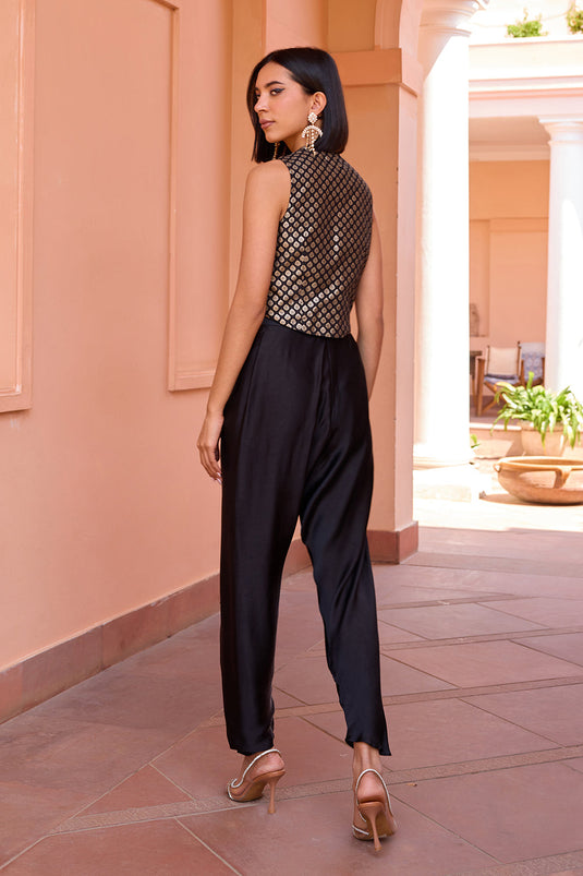 Black chanderi jacquard waistcoat with drape pants