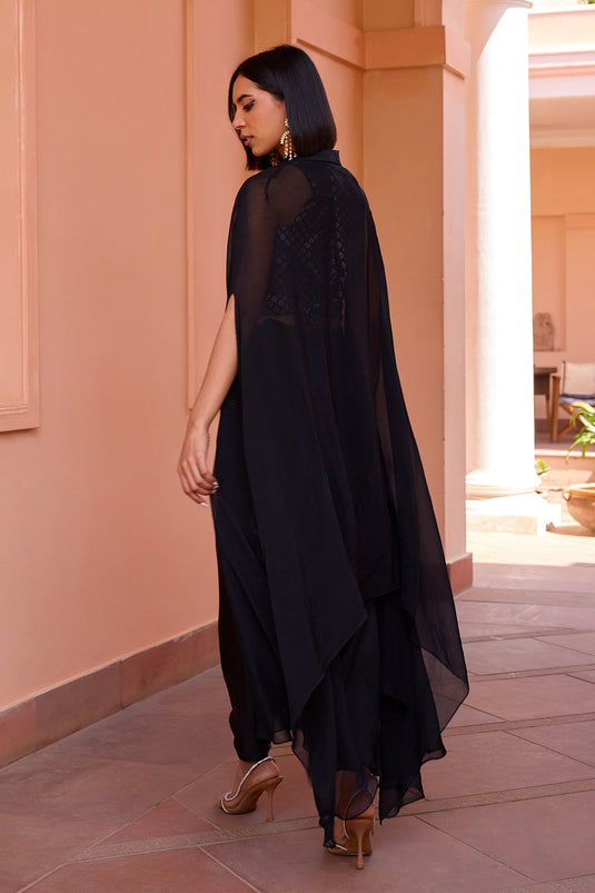 Black embroidered cape with waistcoat and drape skirt