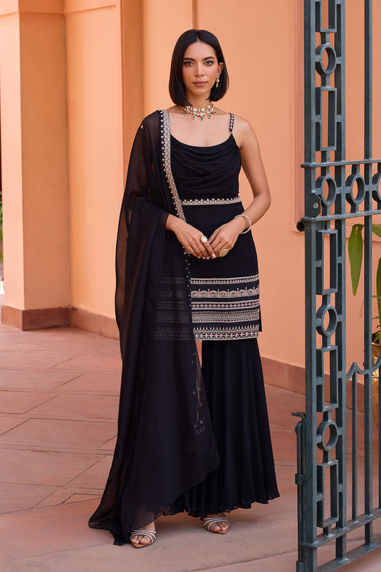 Black embroidered drape sharara set with concept dupatta