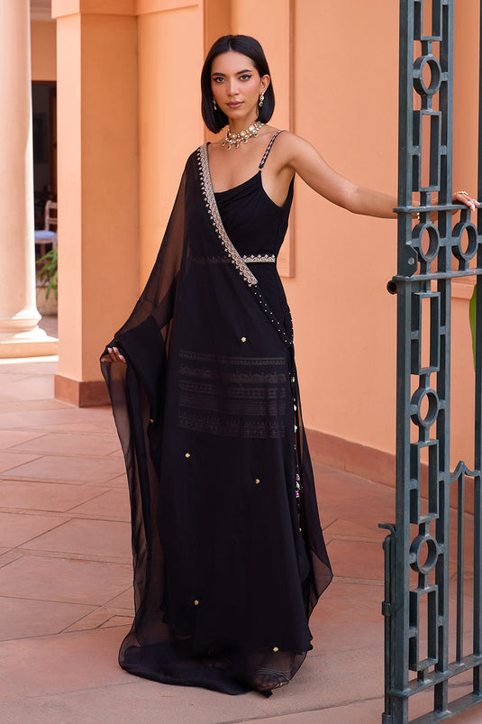 Black embroidered drape sharara set with concept dupatta