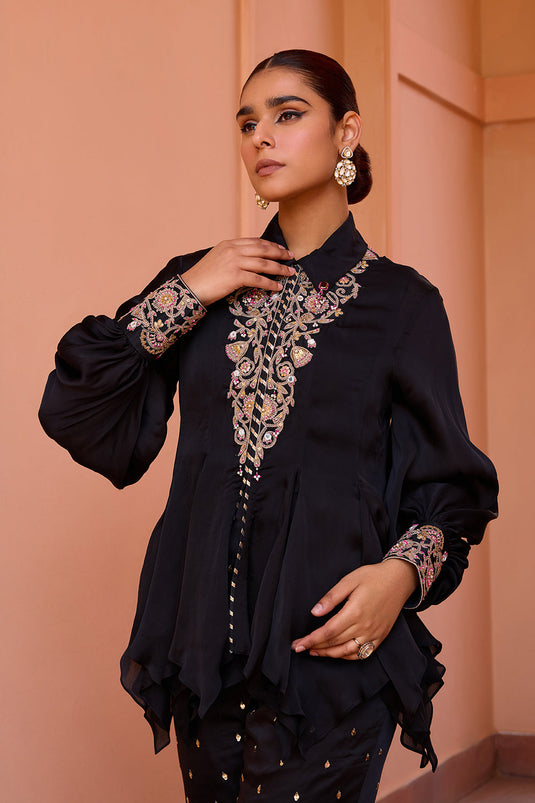 Black embroidered satin organza top with bustier