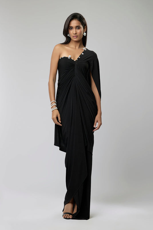 Black Midnight Pearl Draped Gown