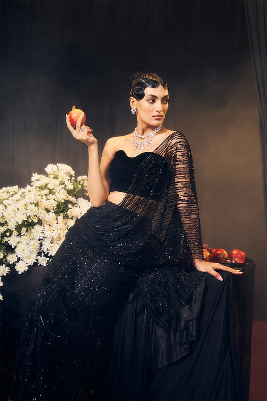 Black Pre Drape Saree Set