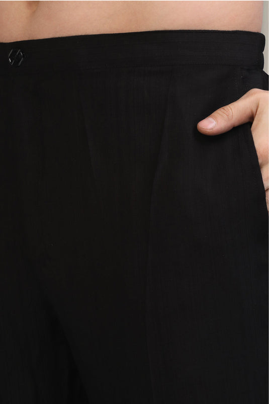Black Silver Stripe Embroidered Kurta Set With Back Elastic Pants