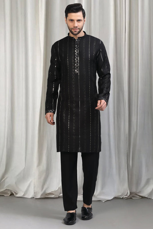 Black Silver Stripe Embroidered Kurta Set With Back Elastic Pants