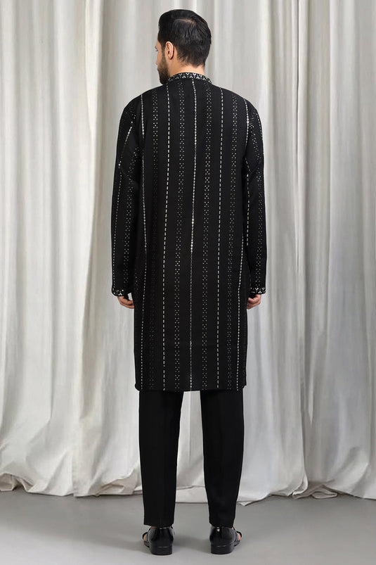 Black Silver Stripe Embroidered Kurta Set With Back Elastic Pants