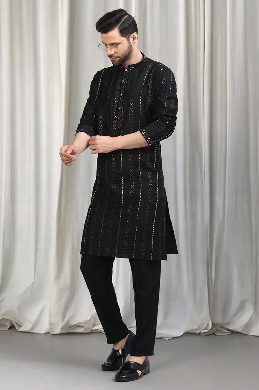 Black Silver Stripe Embroidered Kurta Set With Back Elastic Pants