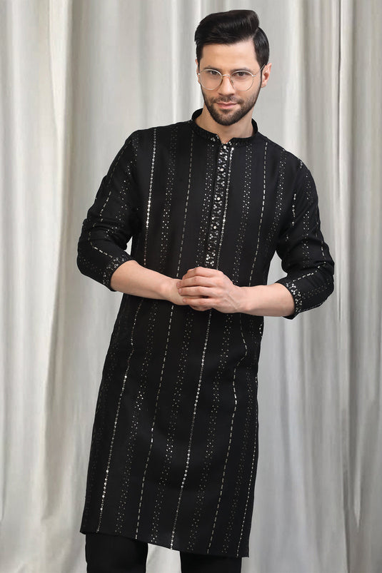 Black Silver Stripe Embroidered Kurta Set With Back Elastic Pants