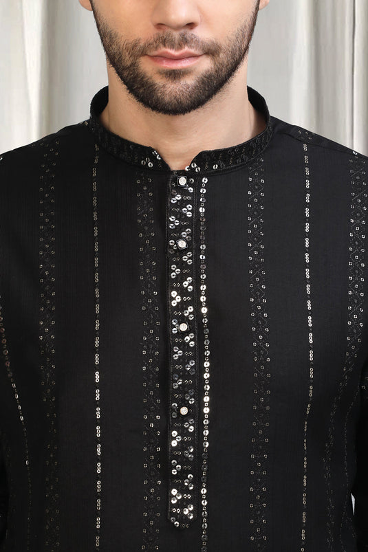 Black Silver Stripe Embroidered Kurta Set With Back Elastic Pants