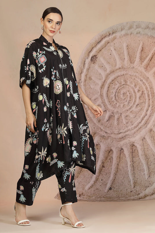 Black Slub Cotton 3-Piece Set with Harem Pants & Tribal Detailing