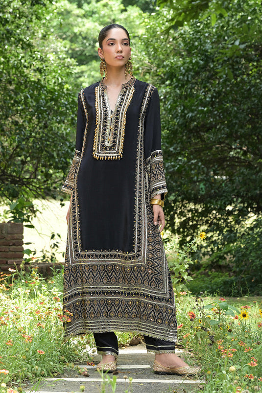 Black Solid Crepe A Line Long Suit With Printed Detailing