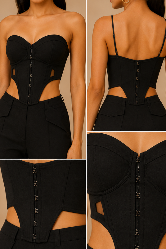 Black Strapless Cutout Waist Corset Top and Pant