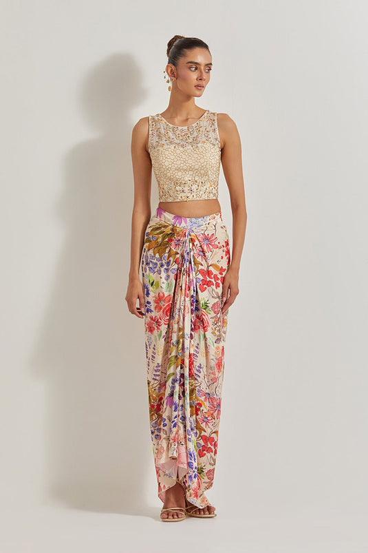 Blooming Burst Hand Embellished Top Paired With Satin Cowl Skirt