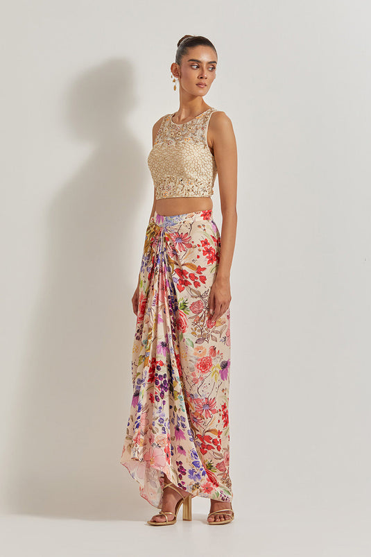Blooming Burst Hand Embellished Top Paired With Satin Cowl Skirt