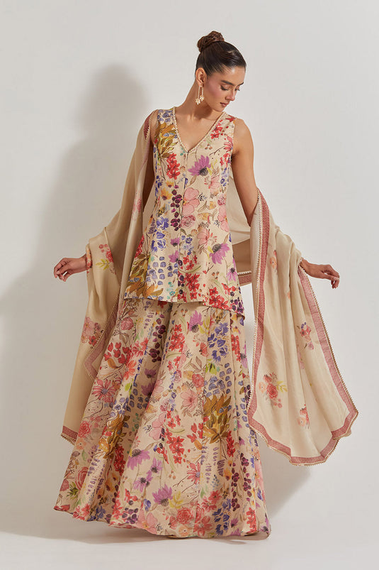 Blooking Burst Tissue Chanderi Peplum Top With Panelled Vicose Tissue Sharara And Dupatta