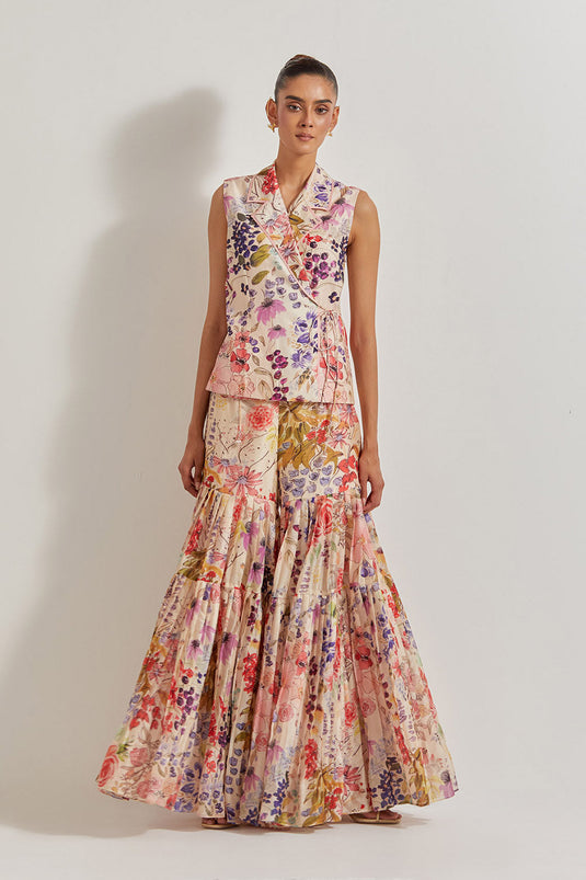 Blooming Burst Chanderi Wrap Top Paired With Chanderi Silk Sharara