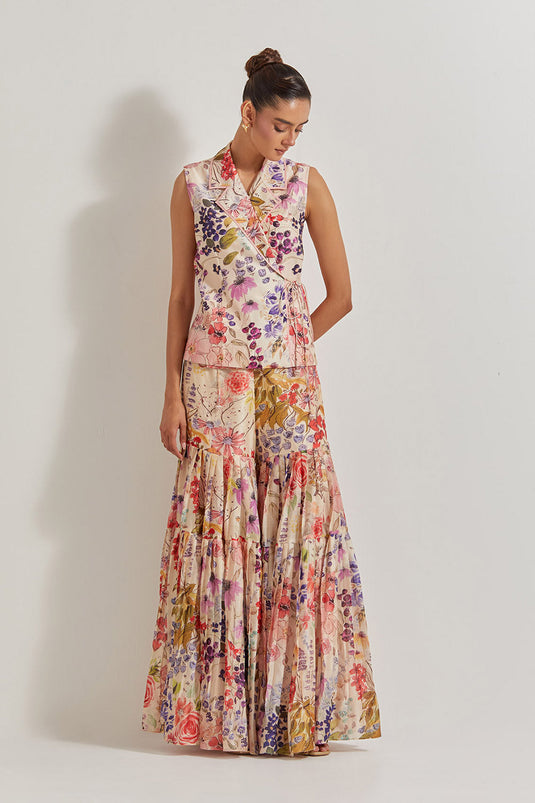 Blooming Burst Chanderi Wrap Top Paired With Chanderi Silk Sharara
