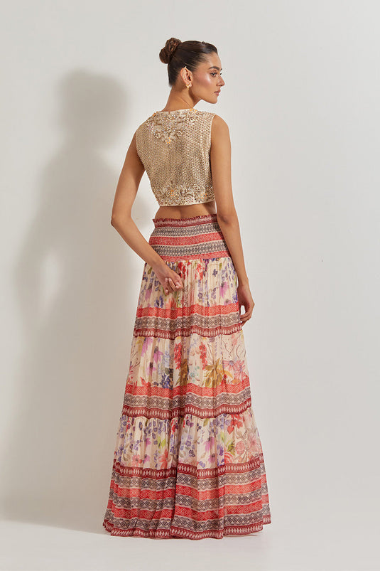 Blooming Burst Chiffon Tiered Skirt Paired With Hand Embellished Waist Coat