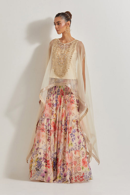 Blooming Burst Chiffon Tiered Skirt Paired With Organza Silk Hand Embllished Cape