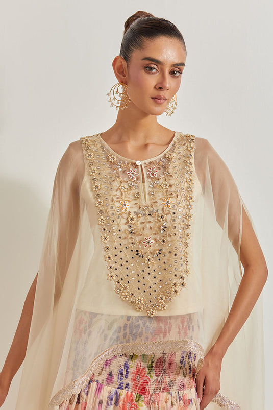 Blooming Burst Chiffon Tiered Skirt Paired With Organza Silk Hand Embllished Cape