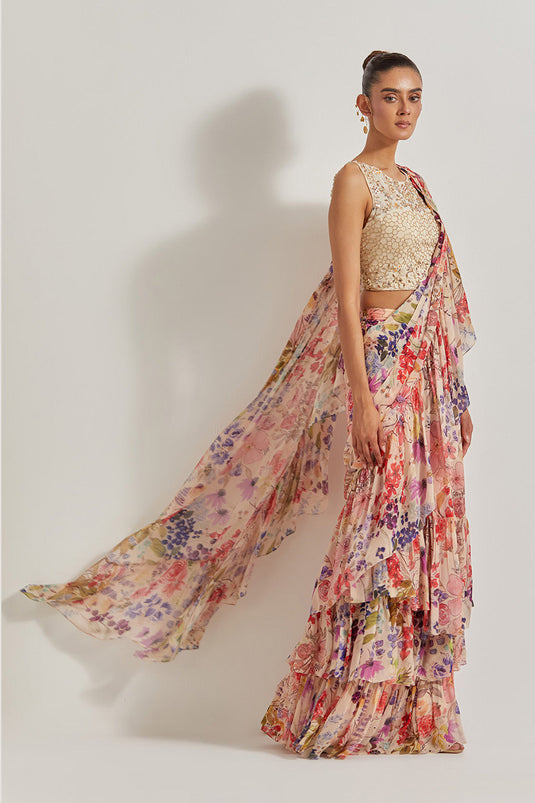 Blooming Burst Georgette Tiered Saree Paired With Hand Embellished Blouse
