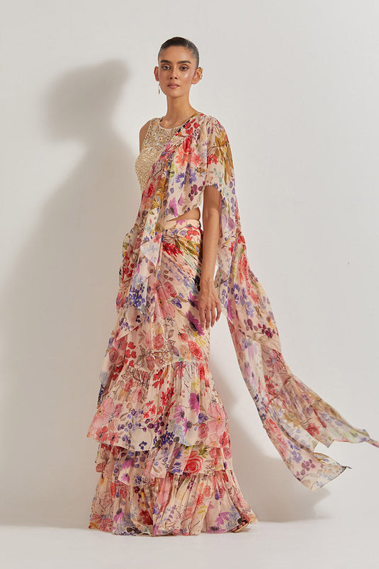 Blooming Burst Georgette Tiered Saree Paired With Hand Embellished Blouse