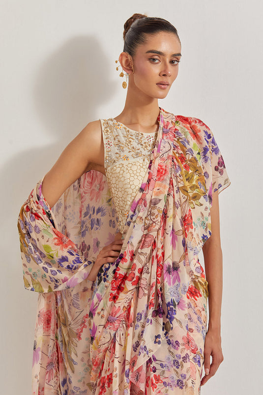 Blooming Burst Georgette Tiered Saree Paired With Hand Embellished Blouse