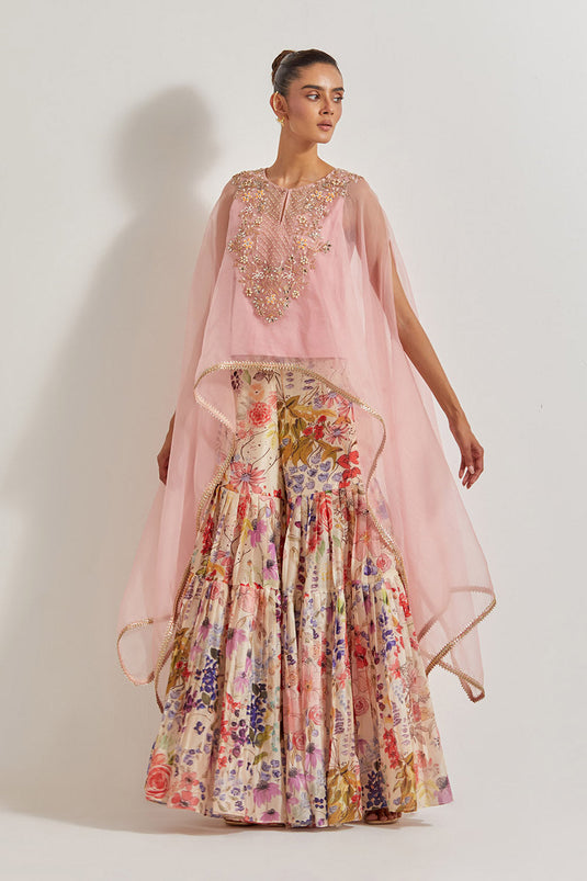 Blooming Burst Pleated Chanderi Silk Sharara Paired With Organza Silk Hand Embllished Cape