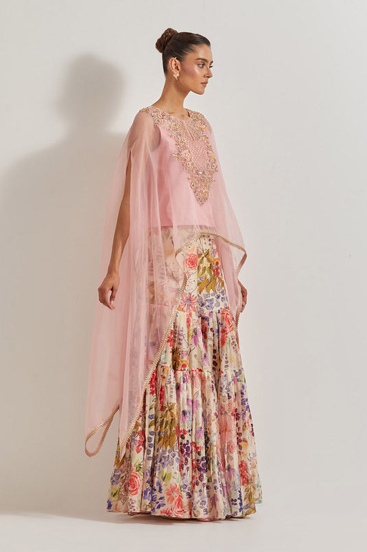 Blooming Burst Pleated Chanderi Silk Sharara Paired With Organza Silk Hand Embllished Cape