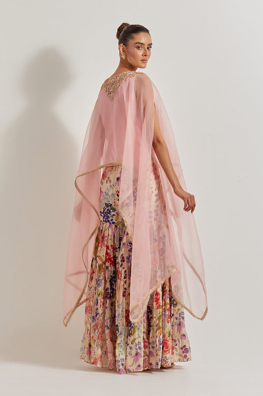 Blooming Burst Pleated Chanderi Silk Sharara Paired With Organza Silk Hand Embllished Cape