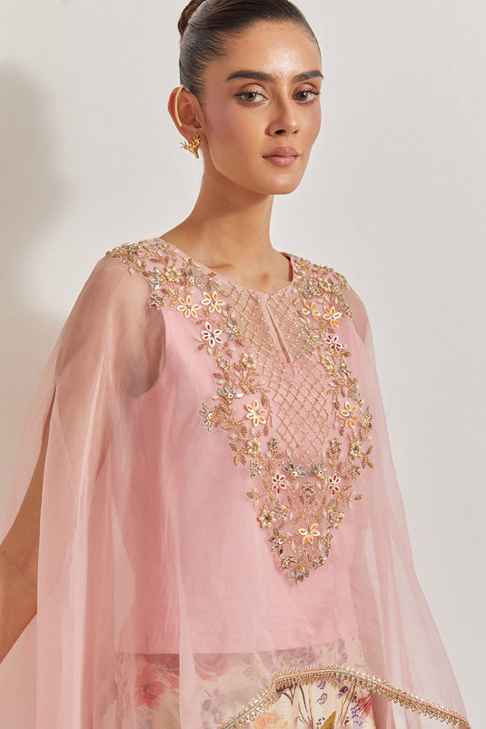 Blooming Burst Pleated Chanderi Silk Sharara Paired With Organza Silk Hand Embllished Cape