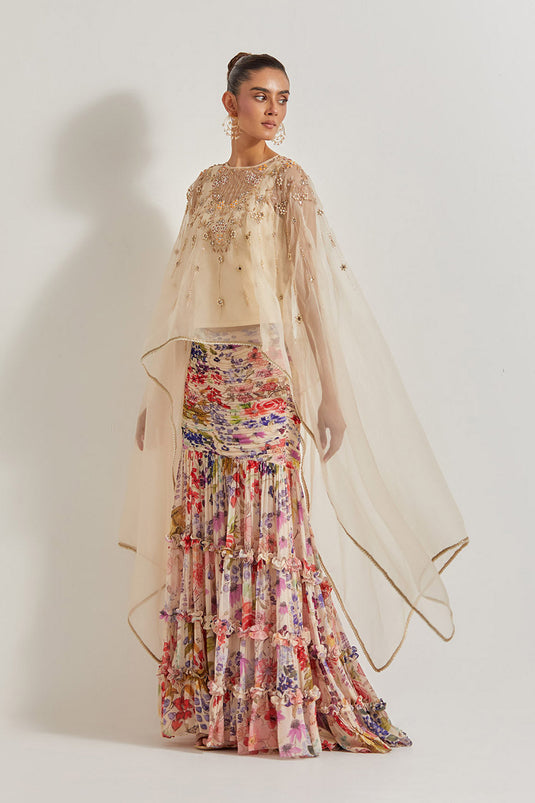 Blooming Burst Ruched Tiered Skirt Paired With Organza Silk Hand Embllished Cape