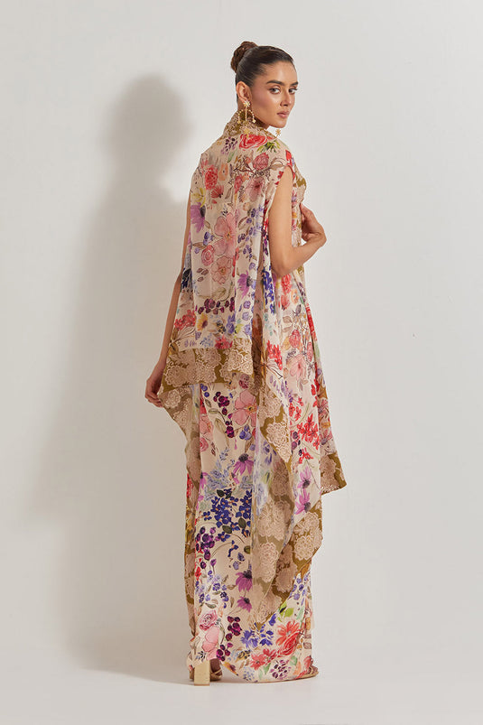 Blooming Burst Satin Cowl Skirt Paired With Stretch Bustier And Georgette Cape With Lace Border