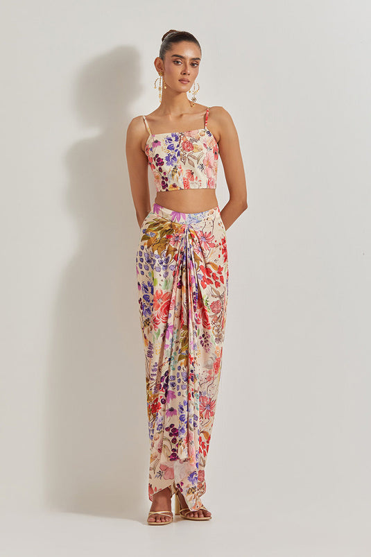 Blooming Burst Satin Cowl Skirt Paired With Stretch Bustier And Georgette Cape With Lace Border